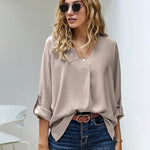 Nadorine V-Neck Long Sleeve Buckle T-Shirt Plain Shirts Shirt Top Elegant Shirts Casual Slim Fit Basic