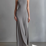 Women's Gray Stretch-Knit Dress With Halter Turtleneck & Side Slit, Timeless Sleek-Elegant Style Dress