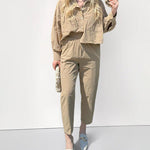 Solid Color Long Sleeve Crop Top with Pockets and High Waisted Nine-Quarter Pants Two-Piece Set