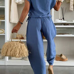 Leva Linen Blend Drawstring Short Sleeve Top and Elastic Waist Pocket Loose Tapered Pants