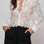 French-style lace openwork collared puff sleeve short shirt