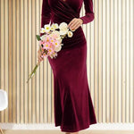 Solid Velvet Long Sleeve V Neck Slim Fit Fishtail Maxi Dress