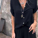 Linen Blend Solid Color Button Lapel Short Sleeve Shirt and Casual Pocket Shorts Set