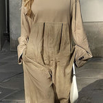 Long Sleeves Loose Pleated Pockets Split-Joint Round-Neck Jumpsuits