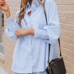 Nadorine Stripe Button-Down Long Sleeve Shirt Contrast Business Casual Top Loose Blouse
