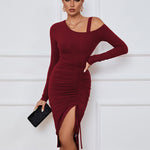Sexy Drawstring Slit Off Shoulder Long Sleeve Dress