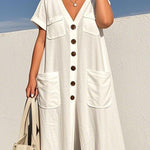 Loose Short Sleeves Buttoned Pockets Solid Color V-Neck Jumpsuits