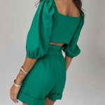 Half Sleeve Knot Front Crop Cardigan Top with Shorts Sets