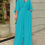 Nadorine Women's Deep V Long Bat Sleeve Casual Jumpsuit High Waist Wide Leg Trousers Cute Rompers