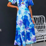 V Neck Twist Front Puff Sleeves Floral Print Midi Dress