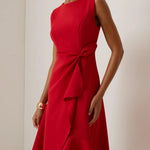 Red Sleeveless Midi Elegant A-line Dress with Waist Twist for Day-to-Night