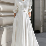 Long Sleeves Loose Belted Pockets Solid Color Stand Collar Maxi Dresses