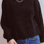 Solid Color Casual Round Neck Lantern Sleeve Short Knitted Sweater
