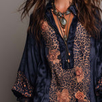 Retro Zip-up Collar Leopard Print Floral Polyester Satin Mini Dress