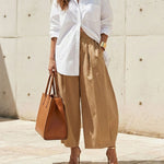Loose Wide Leg Pleated Pockets Solid Color Pants