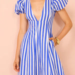 Indulge in Timeless Striped Print Puff Sleeve Pocketed Wavy Maxi Dress