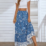 Nadorine Women's Bohemian Floral Skirt Elastic High Waist A- Line Tiered Flowy Beach Maxi Skirt