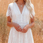 V-Neck Half Sleeves Lace Bohemian Floor Length Dress