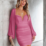 Sexy V-neck Mesh Puff Sleeves Backless Dress
