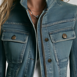 Classic Western Stand Collar Zip Up Fitted Cropped Medium Wash Denim Jacket