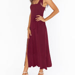 Tie-straps Ruffled Square Collar Sleeveless Slit Mid-length Dress