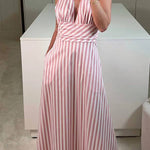 Pink V-neck striped backless dress
