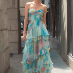 Strapless Watercolor Print Tiered Maxi Dress