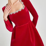 Endless Celebration Velvet Jewel Embellished Trim Long Sleeve Pocketed Mini Dress