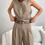 Solid ColorTwo-piece Slim Fit Sleeveless Vest Wide Leg Pants Set