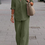 Two Piece Set Lapel Long-Sleeved Shirt Casual Solid Color Wide-Leg Pants Suit