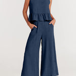 Nadorine 2 Piece Outfits Sleeveless Ruffle Tank Crop Top and Wide Leg Pants Lounge Set with Pockets