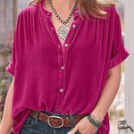 Velvet Solid Short Sleeve Round Neck Single Breasted Shirt