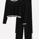 Knit Two Piece Outfit Color Block Cropped Top Long Pants Ribbed Sweater Set