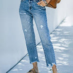 High Waisted Straight Leg Ripped Boyfriend Jeans Frayed Ankle Denim Pants