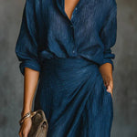 Elegant Dark Blue Cotton And Linen Blend Shirt Long Skirt Set