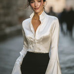 Vintage-Inspired Bell-Sleeve Satin Blouse