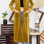 Yellow Velvet Elegant Open Front Pocket Long Cardigan