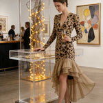 Bodycon High-Low Contrast Color Leopard Ruffled Split-Joint Deep V-Neck Midi Dresses