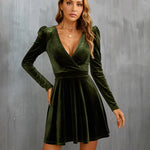 Sexy V Neck Long Sleeve Velvet Mini Dress