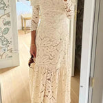 Solid Color Hollow Lace High Neck Long Sleeve Elegant Maxi Dress