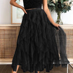 Fashionable solid color puffy mesh high waist slimming skirt