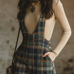Classic Retro Blue Plaid Side-button Wide-leg Overalls