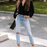 Nadorine V Neck Chiffon Plain Long Sleeve Loose Casual Work Office Blouses