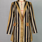 Long Sleeves Loose Buttoned Split-Joint Striped Stand Collar Woolen Coat