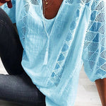 Cotton Linen Blend Patchwork Hollow Out Tassel Blouse