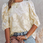 Nadorine Five Quarter Sleeves Puff Sleeves Round Neck Top Chiffon Loose Flower Texture Casual Shirt