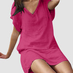 Loose Leisure V-Collar Short Sleeve Summer Cotton Linen Dresses