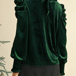 Green Keyhole Neck Puff Sleeve Velvet Blouse