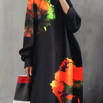 A-line Long Sleeves Flower Print Pockets Round-neck Midi Dresses