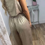 Rita Metallic Fabric Back Buttons Crop Tank and Elastic Waist Pocketed Wide Leg Pants Set